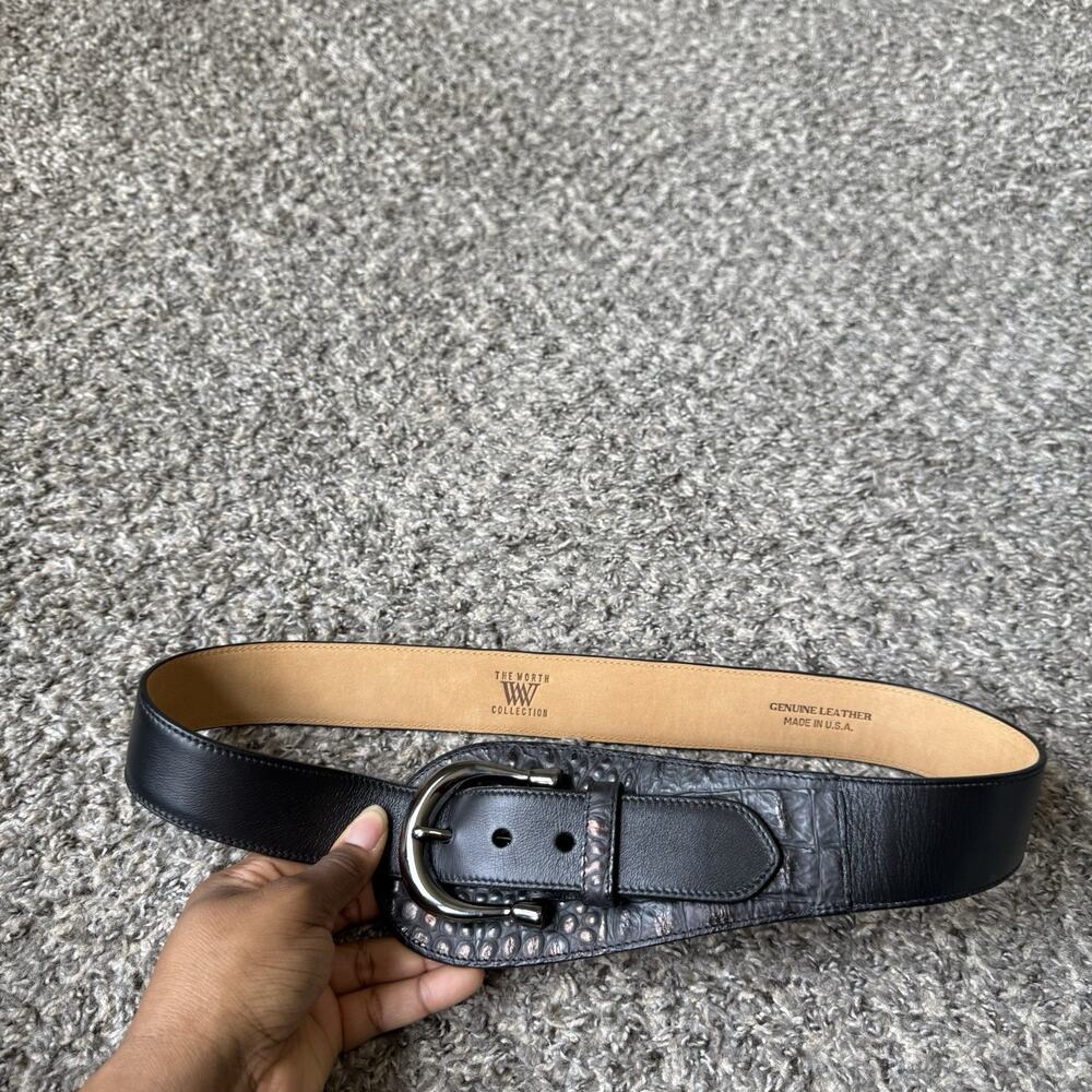 VTG WORTH COLLECTION Wide Waist Belt Black Brown Leather Snake Metallic S New